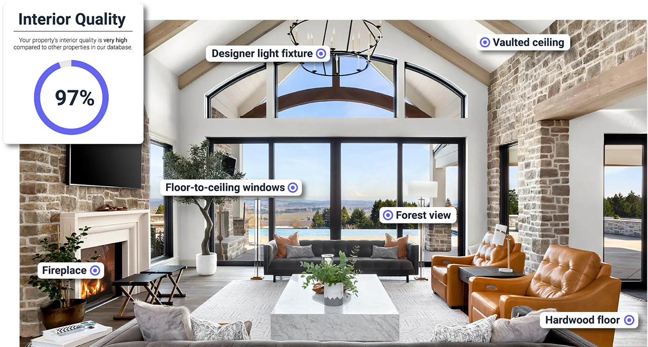 Living room with a 97% interior quality score and labels for fireplace, vaulted ceiling, hardwood floor and more
